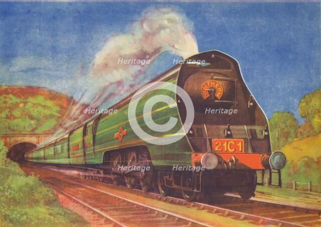 'New Streamlined Express, Merchant Navy, S.R., leaving Honiton Tunnel', 1940. Artist: Unknown.