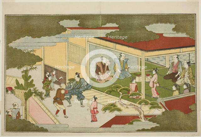 New Year in a Samurai Mansion, from the illustrated kyoka anthology "The Young God..., 1789. Creator: Kitagawa Utamaro.