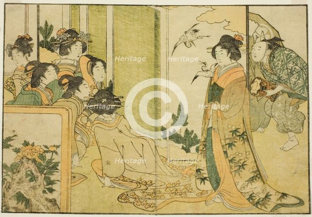 New Year Manzai Performance at a Feudal Lord's Mansion, from the illustrated book "Picture..., 1801. Creator: Kitagawa Utamaro.