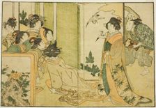New Year Manzai Performance at a Feudal Lord's Mansion, from the illustrated book "Picture..., 1801. Creator: Kitagawa Utamaro