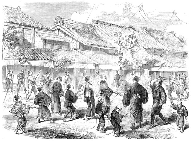 New-Year's Day in Japan - game of battledore and shuttlecock in the streets of Yokohama, 1865. Creator: Unknown.