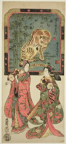 New Year's entertainers before standing screen of tiger, 18th century. Creator: Torii Kiyomitsu