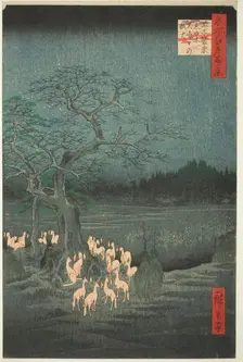 New Year’s Eve Fox Fires at the Changing Tree (Oji shozoku enoki omisoka no kitsunebi), fr..., 1857. Creator: Ando Hiroshige