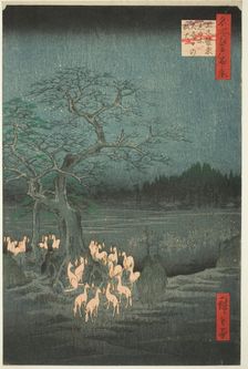 New Year’s Eve Fox Fires at the Changing Tree (Oji shozoku enoki omisoka no kitsunebi), fr..., 1857. Creator: Ando Hiroshige