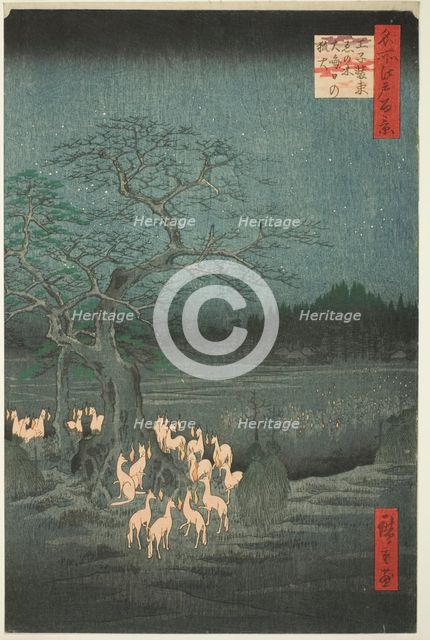 New Year’s Eve Fox Fires at the Changing Tree (Oji shozoku enoki omisoka no kitsunebi), fr..., 1857. Creator: Ando Hiroshige.
