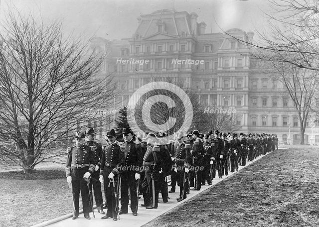 New Year's Reception at White House - Admiral Dewey, Left Front, And Officers Starting For..., 1905. Creator: Harris & Ewing.