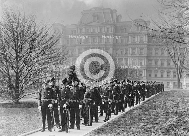 New Year's Reception at White House - Admiral Dewey, Left Front, And Officers Starting For..., 1905. Creator: Harris & Ewing.