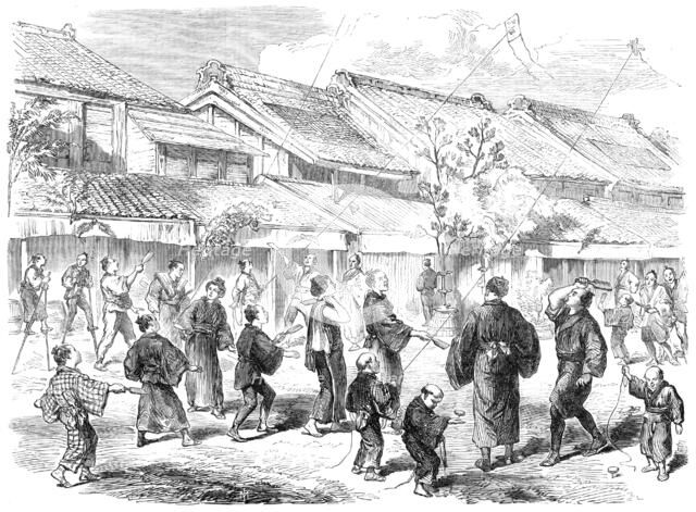 New-Year's Day in Japan - game of battledore and shuttlecock in the streets of Yokohama, 1865. Creator: Unknown.