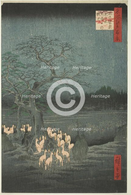New Year’s Eve Fox Fires at the Changing Tree (Oji shozoku enoki omisoka no kitsunebi), fr..., 1857. Creator: Ando Hiroshige.