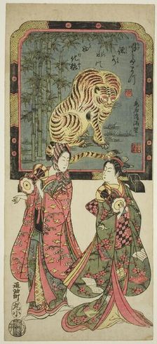 New Year's entertainers before standing screen of tiger, 18th century. Creator: Torii Kiyomitsu