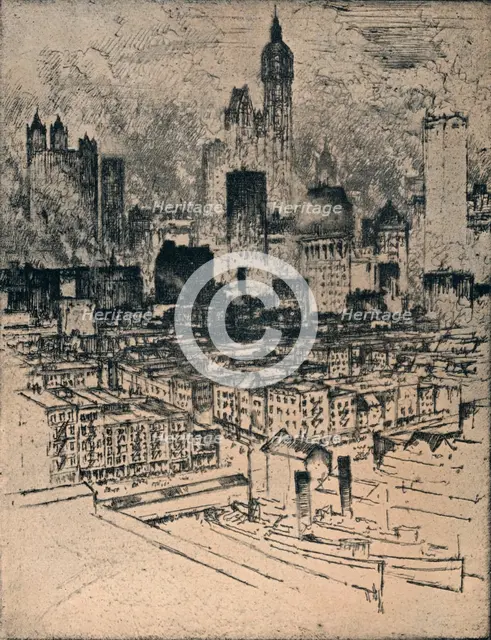 'New York From Brooklyn Bridge', c1908. Artist: Joseph Pennell.