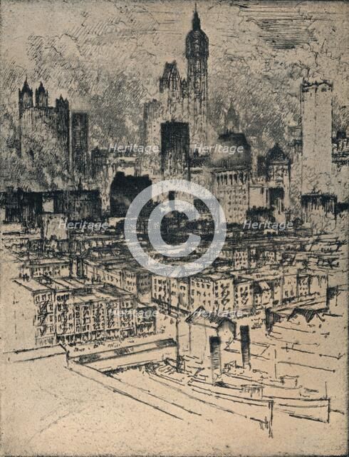 'New York From Brooklyn Bridge', c1908. Artist: Joseph Pennell.