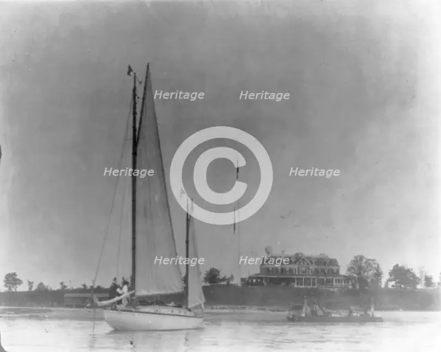New York - Oyster Bay, Long Island Yacht Club: looking ashore past sail boat toward house, 1905. Creator: Unknown.