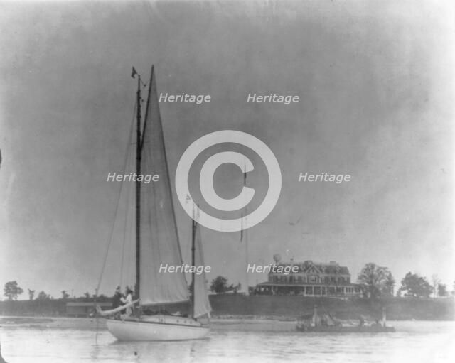 New York - Oyster Bay, Long Island Yacht Club: looking ashore past sail boat toward house, 1905. Creator: Unknown.