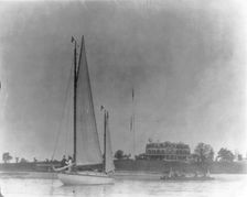 New York - Oyster Bay, Long Island Yacht Club: looking ashore past sail boat toward house, 1905. Creator: Unknown