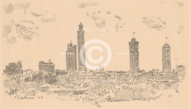 New York Sky Line, Dark Buildings, 1918. Creator: Frederick Childe Hassam.