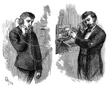 New York telephone subscriber making call through operator at telephone exchange, 1883