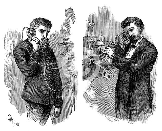 New York telephone subscriber making call through operator at telephone exchange, 1883. Artist: Unknown