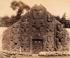 New Zealand: the carved front of a Maori meeting house, between 1800 and 1899. Creator: Unknown
