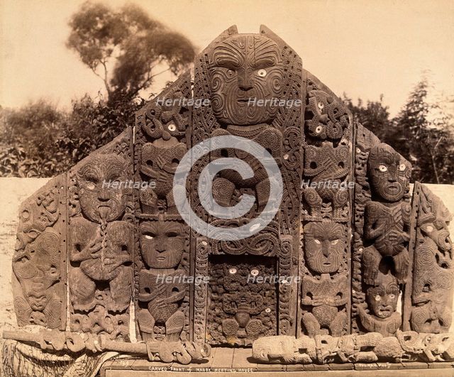 New Zealand: the carved front of a Maori meeting house, between 1800 and 1899. Creator: Unknown.