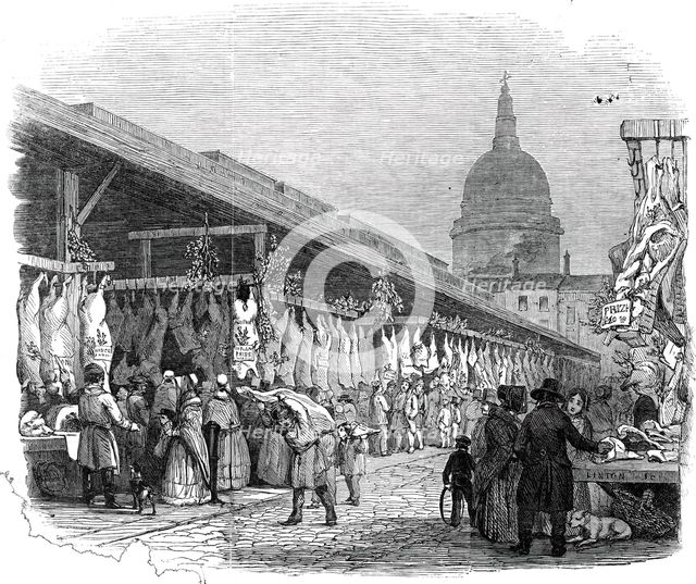 Newgate Market, on Christmas Eve, 1845. Creator: W. J. Linton.