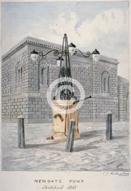 Newgate Pump, Old Bailey with Newgate Prison in the background, City of London, 1815. Artist: Charles James Richardson