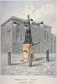 Newgate Pump, Old Bailey with Newgate Prison in the background, City of London, 1815. Artist: Charles James Richardson