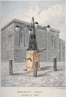 Newgate Pump, Old Bailey with Newgate Prison in the background, City of London, 1815. Artist: Charles James Richardson
