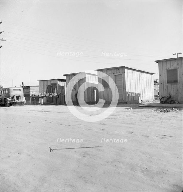 Newly-built cabins, rent five dollars per month, near Bakersfield, California , 1939. Creator: Dorothea Lange.