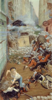 Newsboy picking up bullets for the barricade, between 1903 and 1905. Creator: Adolphe Willette