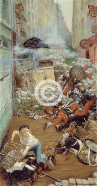 Newsboy picking up bullets for the barricade, between 1903 and 1905. Creator: Adolphe Willette.