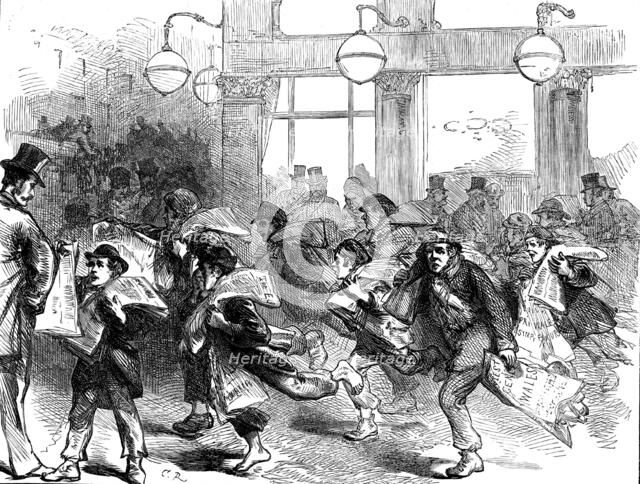 Newsboys with latest accounts of the Prince of Wales, 1871. Creator: Unknown.