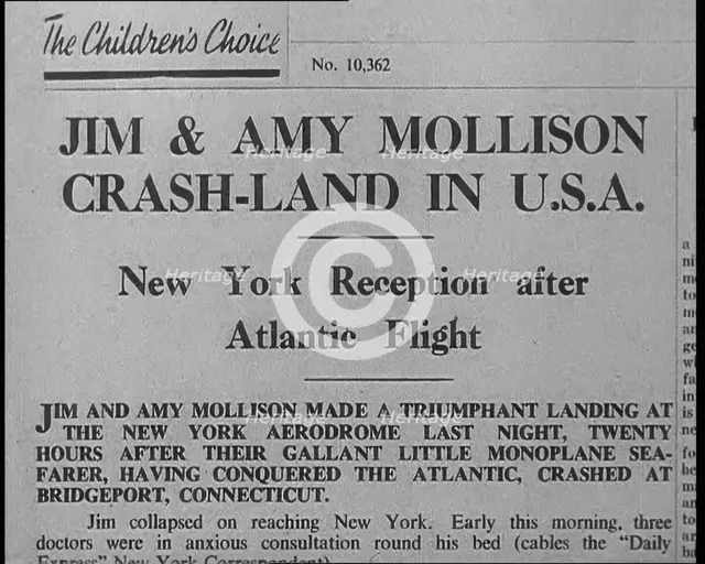 Newspaper Article with Headline Reading: 'Jim & Amy Mollison Crash-land in U.S.A..., 1933. Creator: British Pathe Ltd.