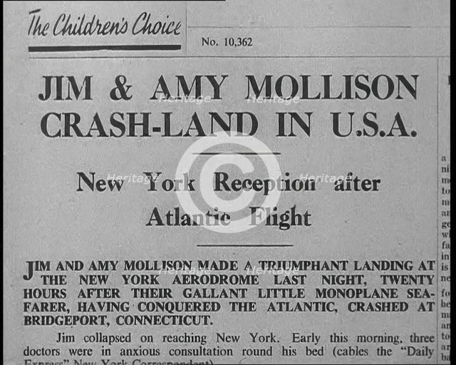 Newspaper Article with Headline Reading: 'Jim & Amy Mollison Crash-land in U.S.A..., 1933. Creator: British Pathe Ltd.