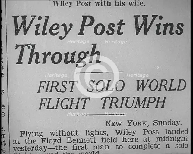 Newspaper Article with Headline Reading: 'Wiley Post Wins Through - First Solo World..., 1933. Creator: British Pathe Ltd.