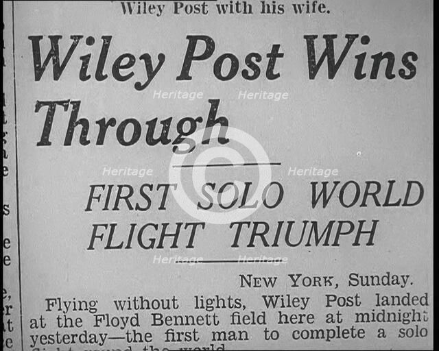 Newspaper Article with Headline Reading: 'Wiley Post Wins Through - First Solo World..., 1933. Creator: British Pathe Ltd.