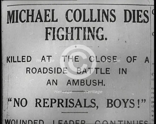Newspaper Headline 'Michael Collins Dies in Fighting.', 1922. Creator: British Pathe Ltd.