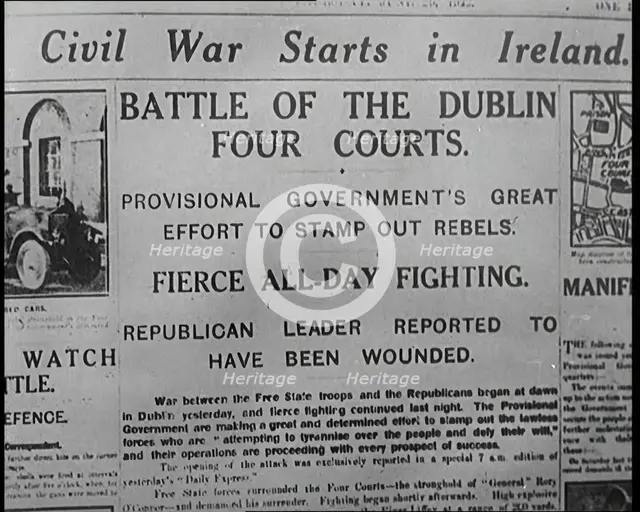 Newspaper Headline 'Civil War Starts in Ireland', 1922. Creator: British Pathe Ltd.
