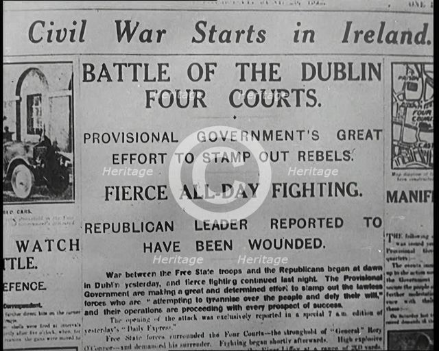 Newspaper Headline 'Civil War Starts in Ireland', 1922. Creator: British Pathe Ltd.