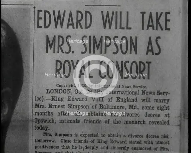 Newspaper Headline Reading: 'Edward Will Take Mrs. Simpson as Royal Consort', 1936. Creator: British Pathe Ltd.
