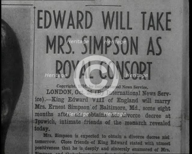 Newspaper Headline Reading: 'Edward Will Take Mrs. Simpson as Royal Consort', 1936. Creator: British Pathe Ltd.