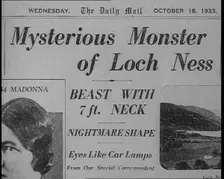 Newspaper Headline Reading: Mysterious Monster of Loch Ness - Beast With 7 ft. Neck 1933. Creator: British Pathe Ltd