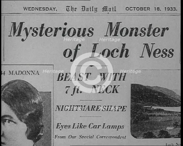 Newspaper Headline Reading: 'Mysterious Monster of Loch Ness - Beast With 7 ft. Neck', 1933. Creator: British Pathe Ltd.