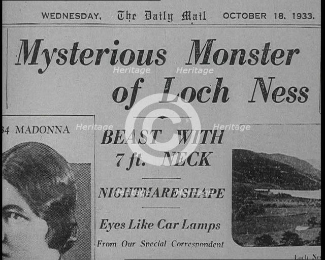 Newspaper Headline Reading: 'Mysterious Monster of Loch Ness - Beast With 7 ft. Neck', 1933. Creator: British Pathe Ltd.
