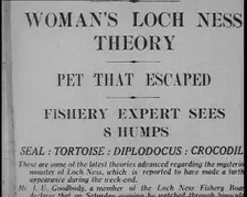Newspaper Headline Reading: Woman's Loch Ness Theory - Pet That Escaped - Fishery Expert..., 1933. Creator: British Pathe Ltd