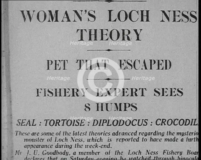Newspaper Headline Reading: 'Woman's Loch Ness Theory - Pet That Escaped - Fishery Expert..., 1933. Creator: British Pathe Ltd.