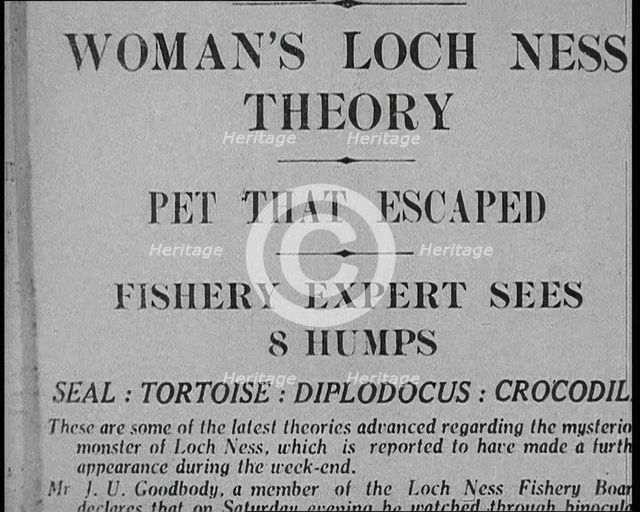 Newspaper Headline Reading: 'Woman's Loch Ness Theory - Pet That Escaped - Fishery Expert..., 1933. Creator: British Pathe Ltd.