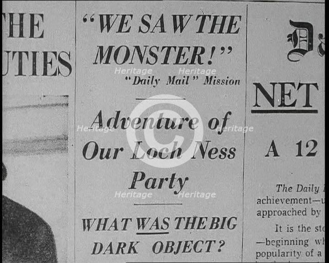 Newspaper Headline Reading: 'We Saw the Monster - Daily Mail Mission - Adventure of Our Loch...1933. Creator: British Pathe Ltd.