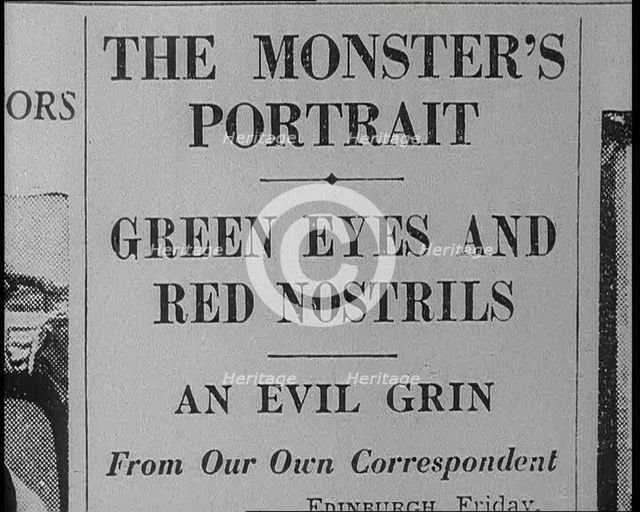 Newspaper Headline Reading: 'The Monster's Portrait - Green Eyes and Red Nostrils..., 1933. Creator: British Pathe Ltd.