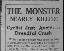 Newspaper with Headline Reading: The Monster Nearly Killed! - Cyclist Just Avoids a Dread..., 1933. Creator: British Pathe Ltd